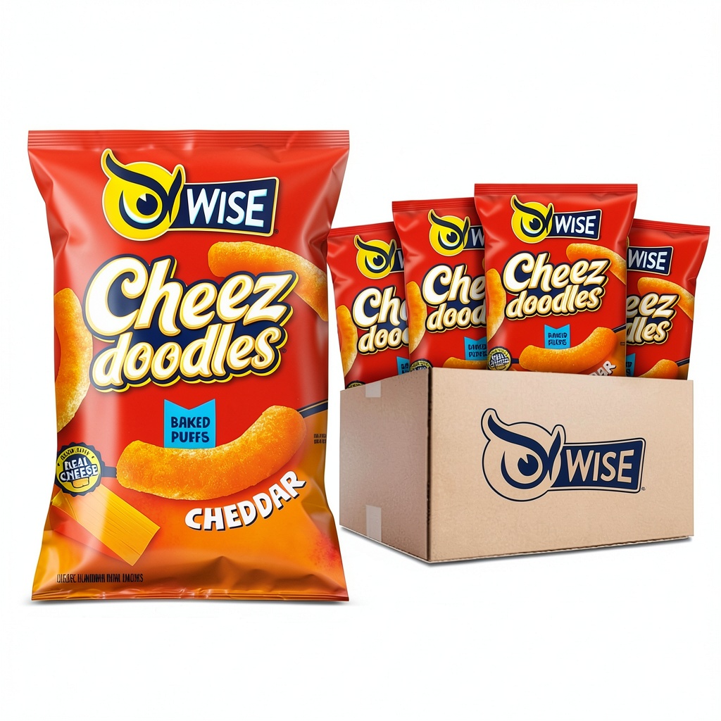 Wise snacks baked cheddar puffs displayed in a bowl on a kitchen counter